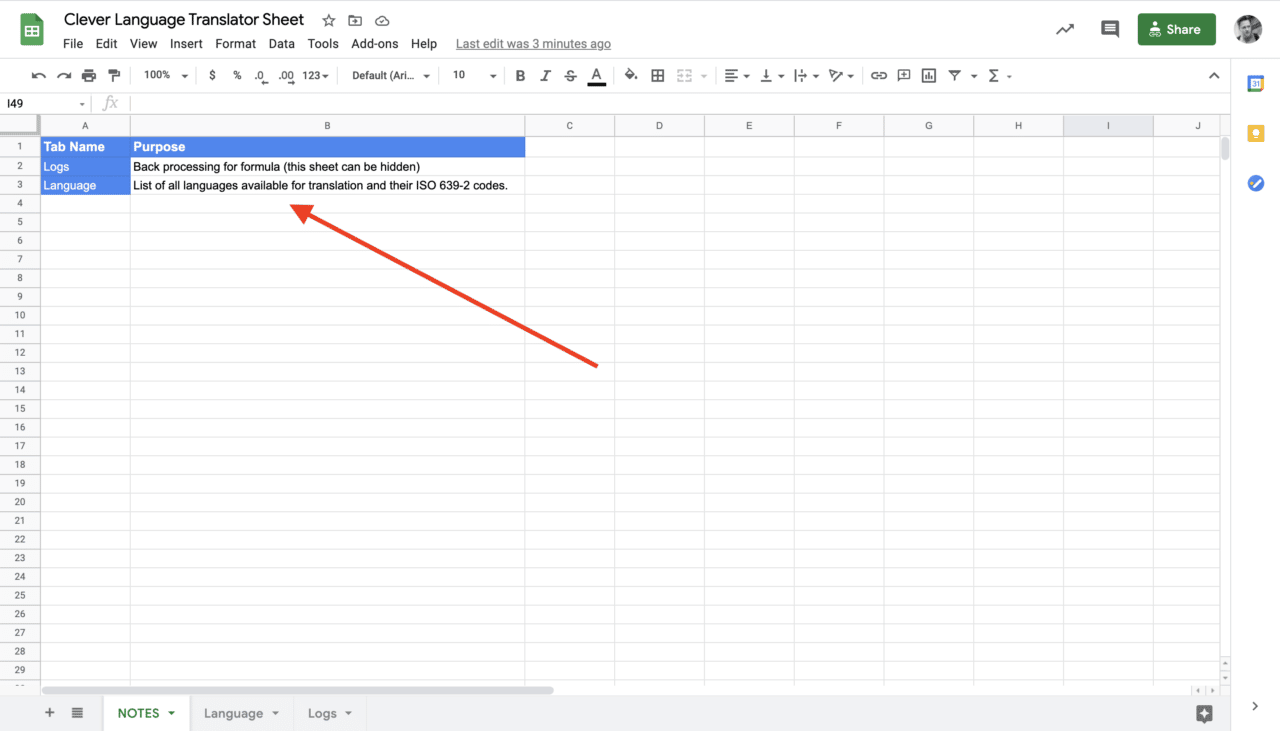 The NOTES Sheet on Google Sheets