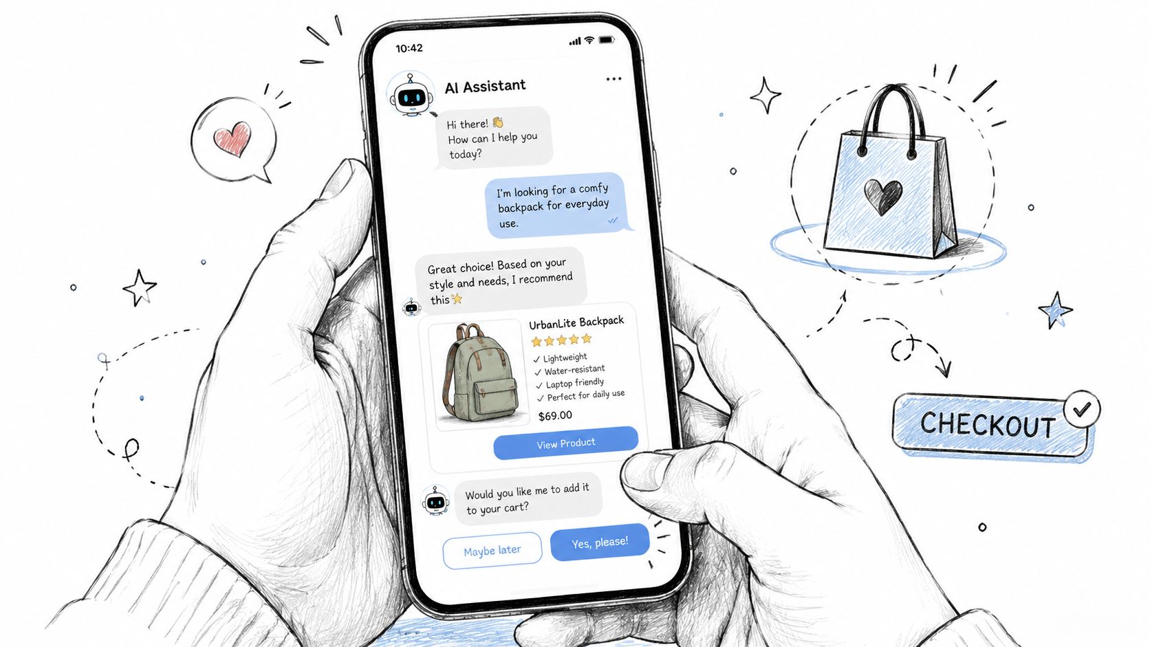 A hand-drawn illustration showing a person using an AI customer service chatbot on their mobile phone.