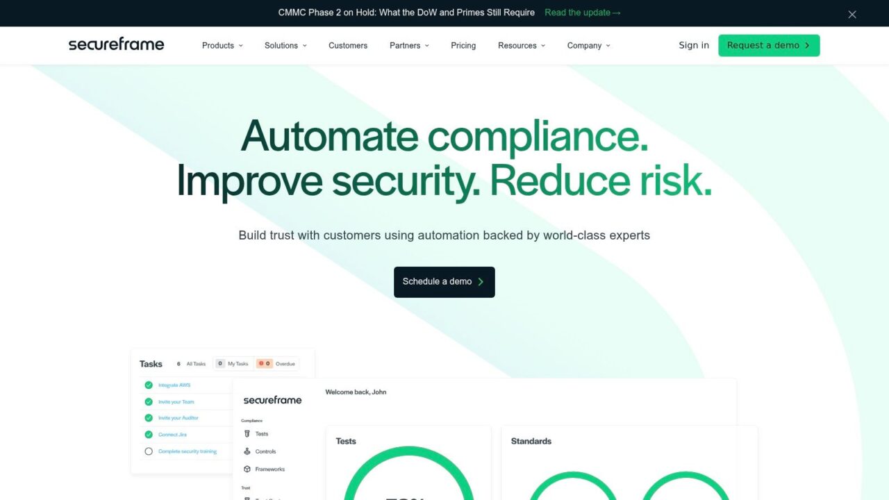 Compliance Automation Tools Secureframe Dashboard